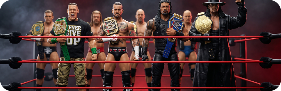 Champion figures posed inside a toy wrestling ring